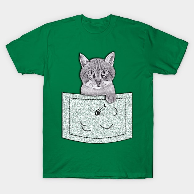 Cat Thief in Pocket! Pencil Drawings (Green) T-Shirt by Blissful Drizzle